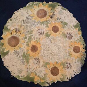 Doily Lace Set of 6 Placemats Coasters Sunflowers White Yellow 13.5" 1980s
